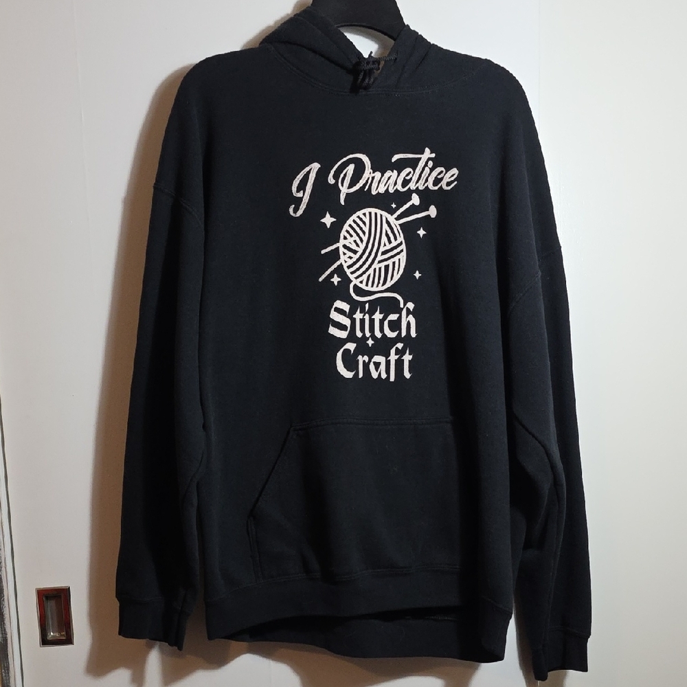 Black Hoodie with 'I Practice Stitch Craft' Design